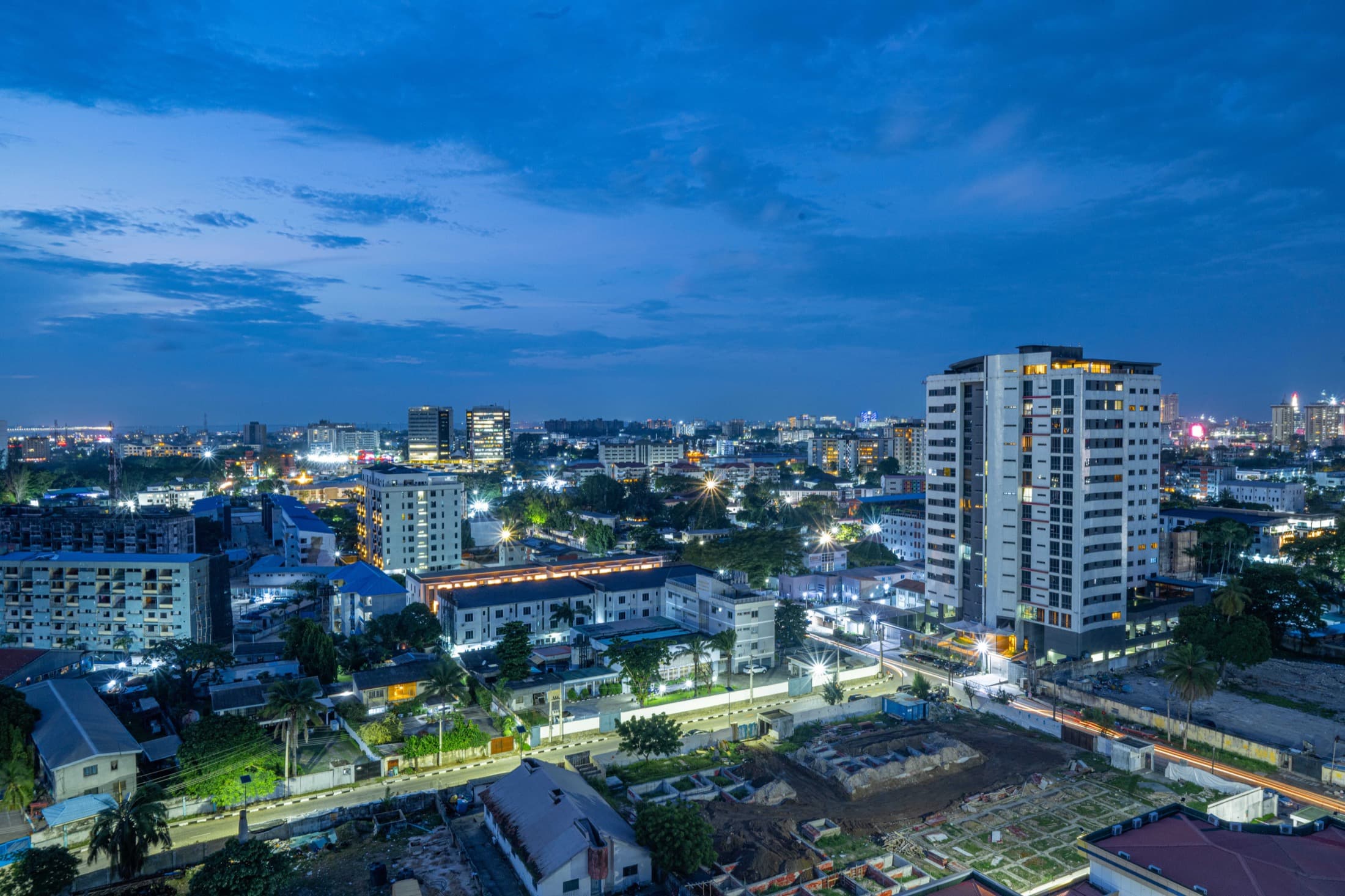City lights and Savetown tower at blue hour